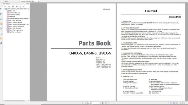 Doosan Electric Forklift B40X 5 B45X 5 B50X 5 Part Book SB1085E04 1