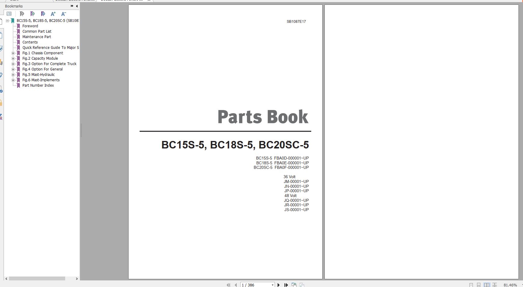 Doosan Electric Forklift BC15S 5 BC18S 5 BC20SC 5 Part Book SB1087E17 1