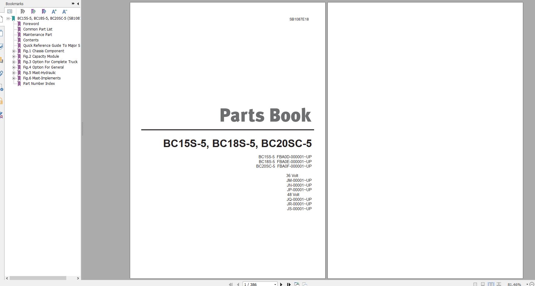 Doosan Electric Forklift BC15S 5 BC18S 5 BC20SC 5 Part Book SB1087E18 1