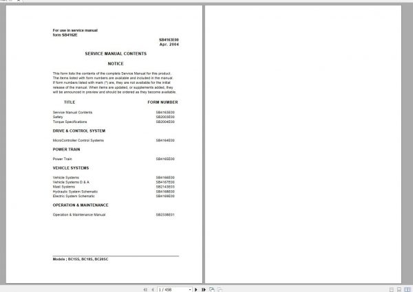 Doosan Electric Forklift BC15S BC18S BC20SC Electric Schematic Service Operaton Maintenance Manual SB4 1