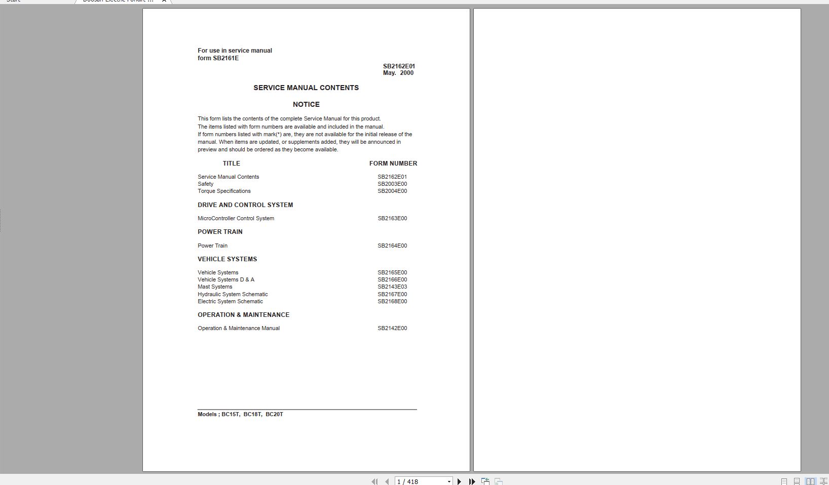 Doosan Electric Forklift BC15T BC18T BC20T Electric Schematic Service Operaton Maintenance Manual SB216 1