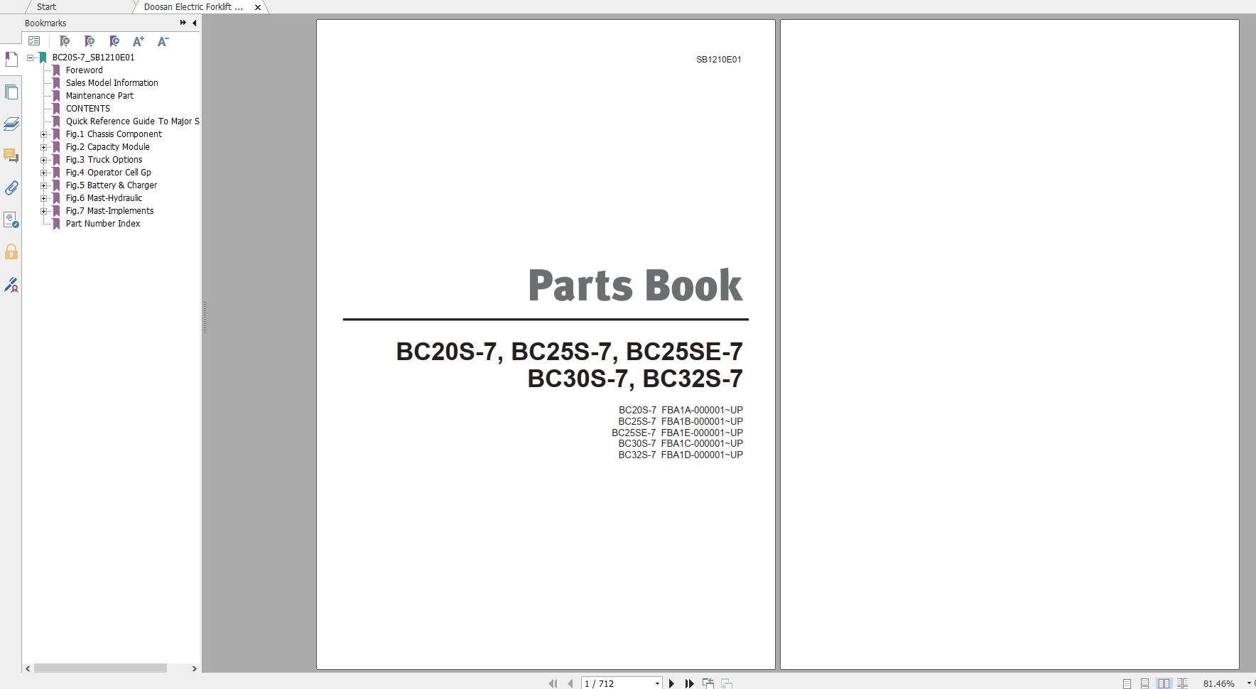 Doosan Electric Forklift BC20S 7 BC25S 7 BC25SE 5 BC30S 7 BC32S 7 Part Book SB1210E01 1