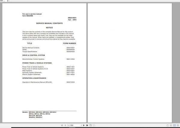 Doosan Electric Forklift BR10S 2 BR25S 2 Electric Schematic Service Operaton Maintenance Manual SB22 1