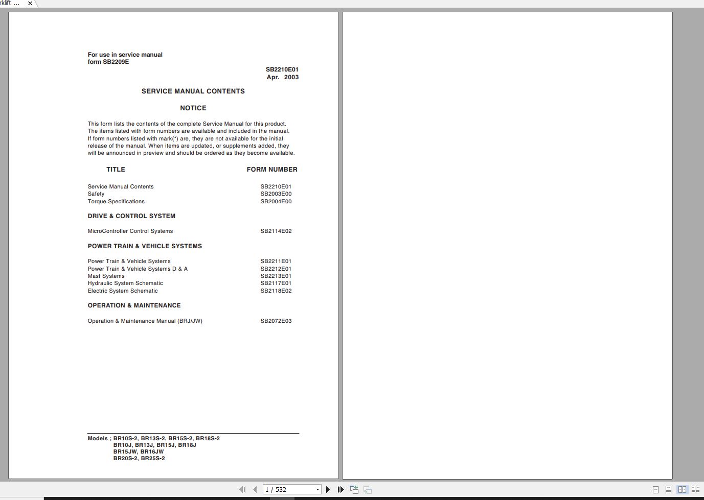 Doosan Electric Forklift BR10S 2 BR25S 2 Electric Schematic Service Operaton Maintenance Manual SB22 1