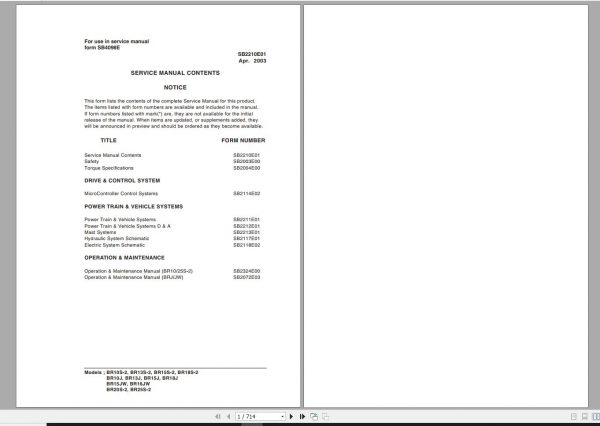 Doosan Electric Forklift BR10S 2 BR25S 2 Electric Schematic Service Operaton Maintenance Manual SB40 1