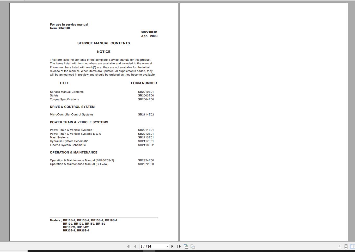 Doosan Electric Forklift BR10S 2 BR25S 2 Electric Schematic Service Operaton Maintenance Manual SB40 1