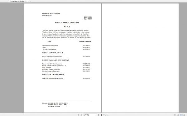 Doosan Electric Forklift BR10S BR16JW Electric Schematic Service Operaton Maintenance Manual SB2210E00 1