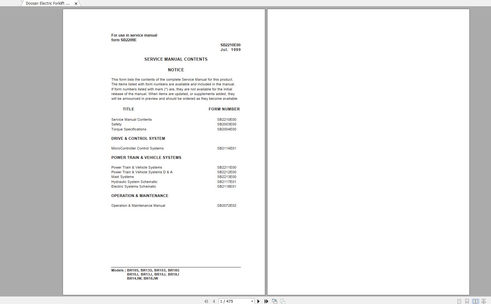 Doosan Electric Forklift BR10S BR16JW Electric Schematic Service Operaton Maintenance Manual SB2210E00 1