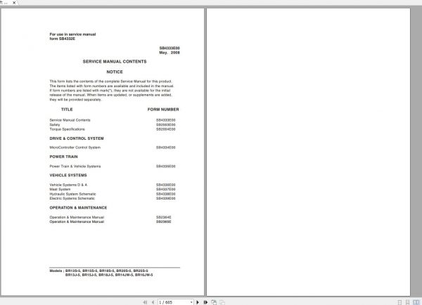 Doosan Electric Forklift BR13S 5 BR16JW 5 Electric Schematic Service Operaton Maintenance Manual SB43 1