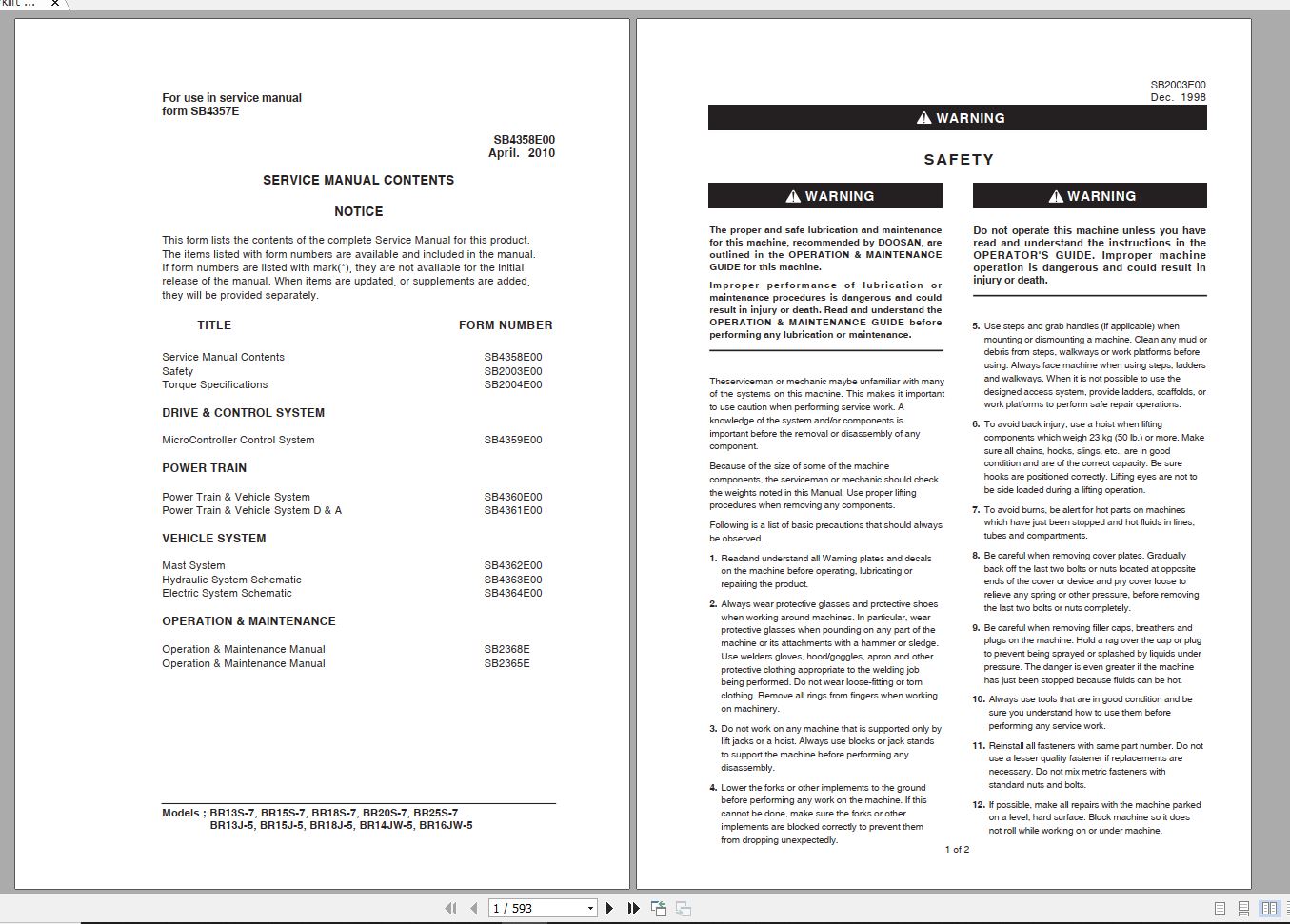 Doosan Electric Forklift BR13S 7 BR16JW 5 Electric Schematic Service Operaton Maintenance Manual SB43 1
