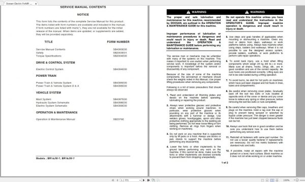 Doosan Electric Forklift BR14JW 7 BR16JW 7 Electric Schematic Service Operaton Maintenance Manual SB 1