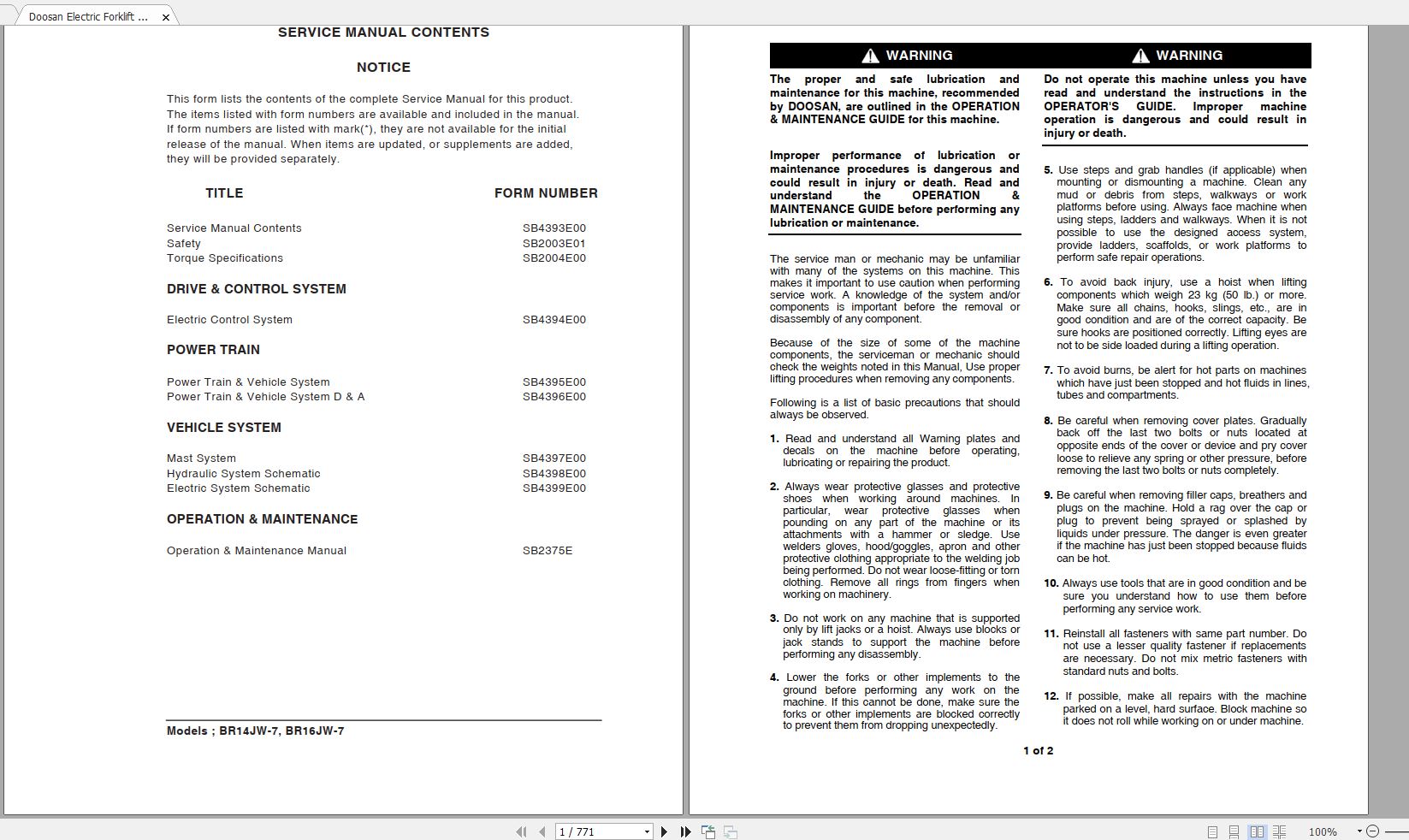 Doosan Electric Forklift BR14JW 7 BR16JW 7 Electric Schematic Service Operaton Maintenance Manual SB 1
