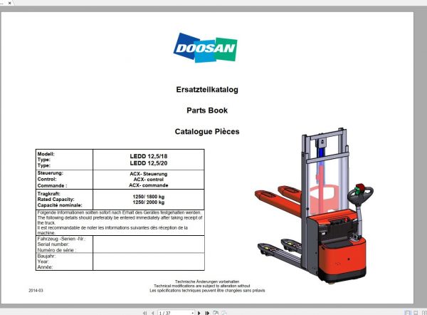 Doosan Electric Pallet Truck LEDD 12 15 18 20 ACX ZF HPI Part Book 03.2014 EN DE 1