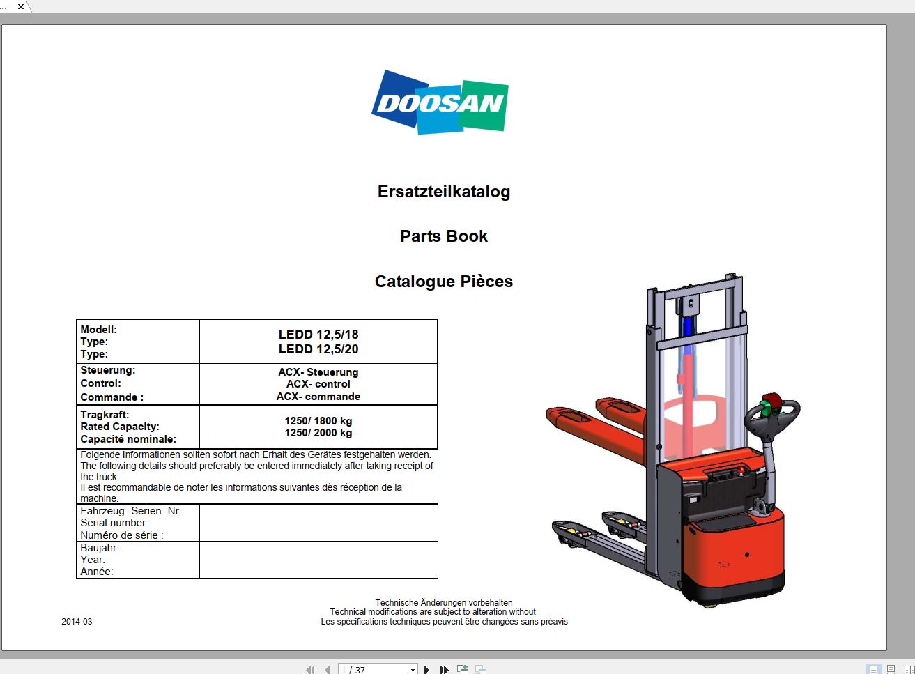 Doosan Electric Pallet Truck LEDD 12 15 18 20 ACX ZF HPI Part Book 03.2014 EN DE 1
