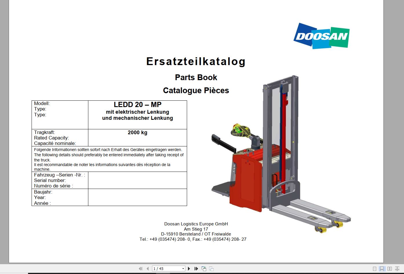 Doosan Electric Pallet Truck LEDD 20 MP servo Part Book 03.2014 EN DE 1