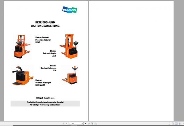Doosan Electric Pallet Truck LEDD LEDS LEDH LEDH 20MP Operation and Maintenance Manual 01.2013 DE 1