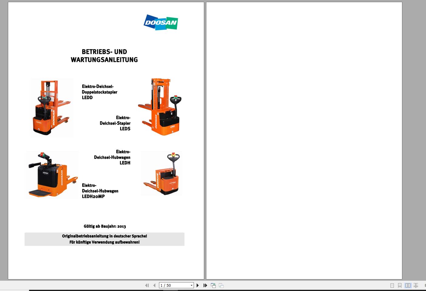 Doosan Electric Pallet Truck LEDD LEDS LEDH LEDH 20MP Operation and Maintenance Manual 01.2013 DE 1