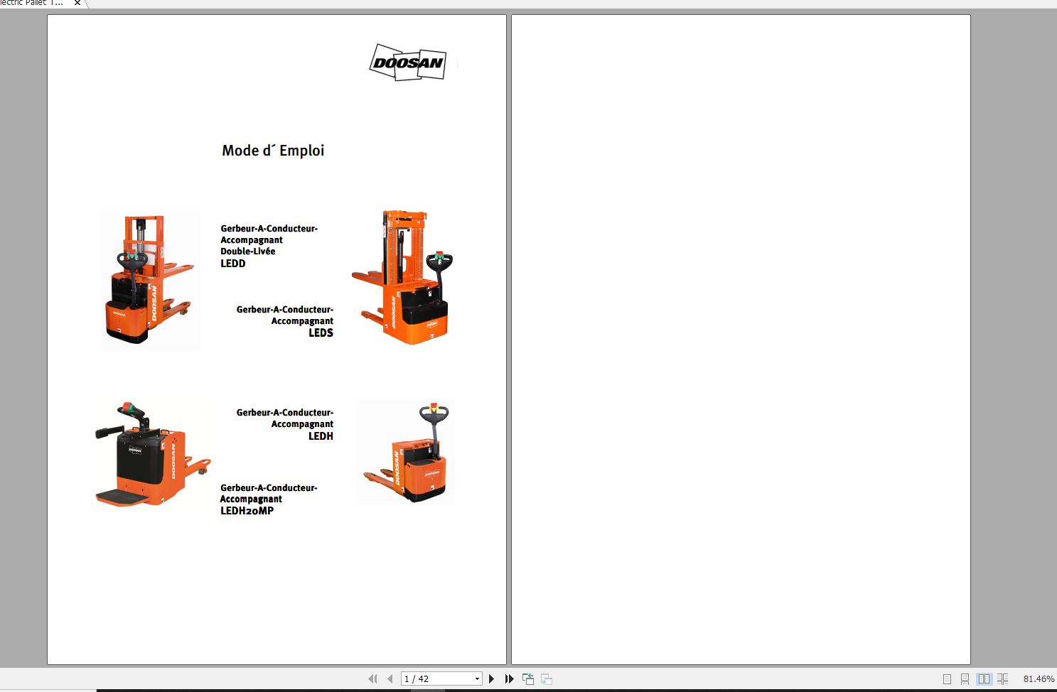Doosan Electric Pallet Truck LEDD LEDS LEDH LEDH 20MP Operation and Maintenance Manual FR 1
