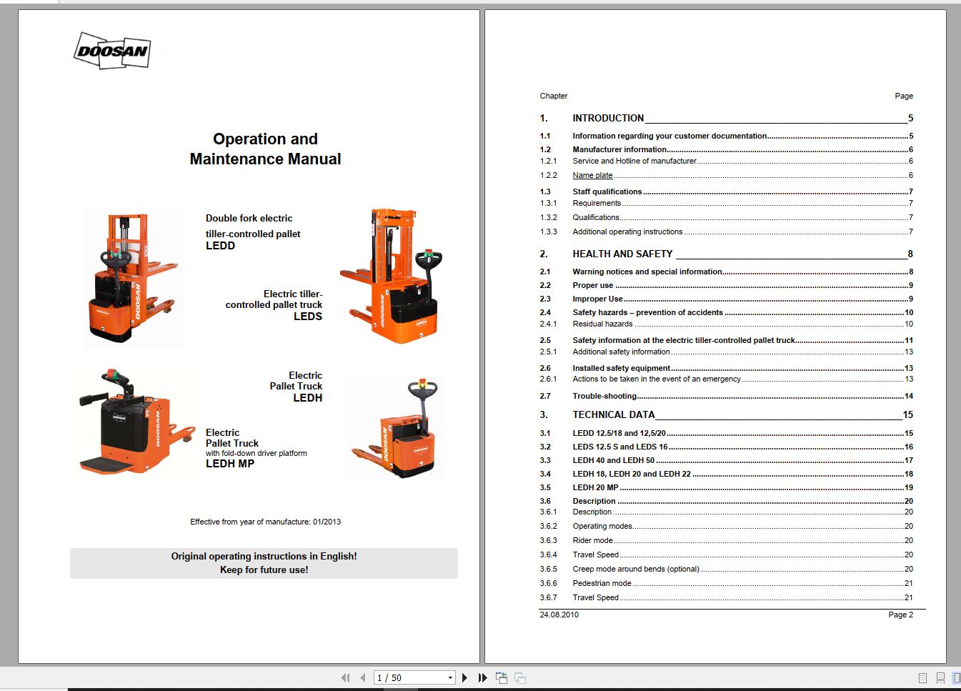 Doosan Electric Pallet Truck LEDD LEDS LEDH LEDH MP Operation and Maintenance Manual 01.2013 EN 1