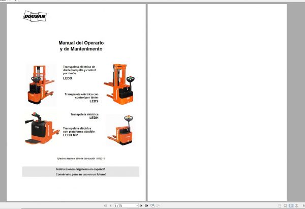 Doosan Electric Pallet Truck LEDD LEDS LEDH LEDH MP Operation and Maintenance Manual 04.2010 ES 1