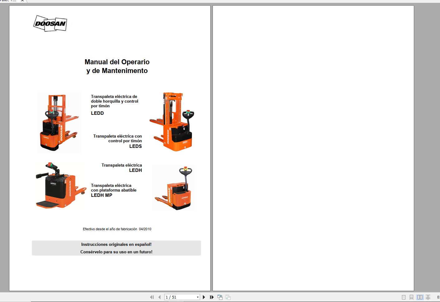 Doosan Electric Pallet Truck LEDD LEDS LEDH LEDH MP Operation and Maintenance Manual 04.2010 ES 1
