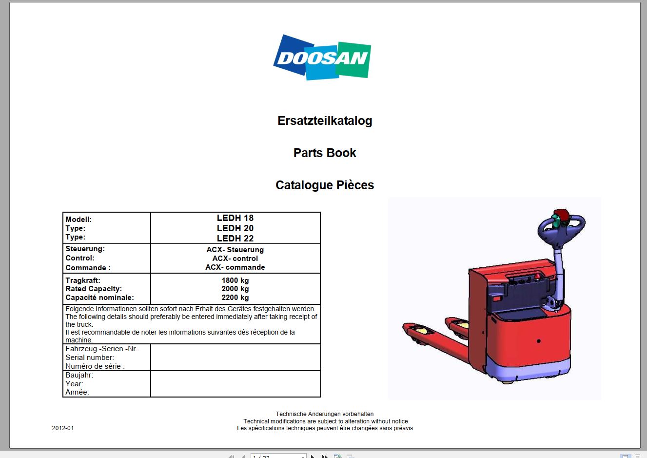 Doosan Electric Pallet Truck LEDH 18 20 22 ACX ZF HPI Part Book 01.2014 EN DE 1