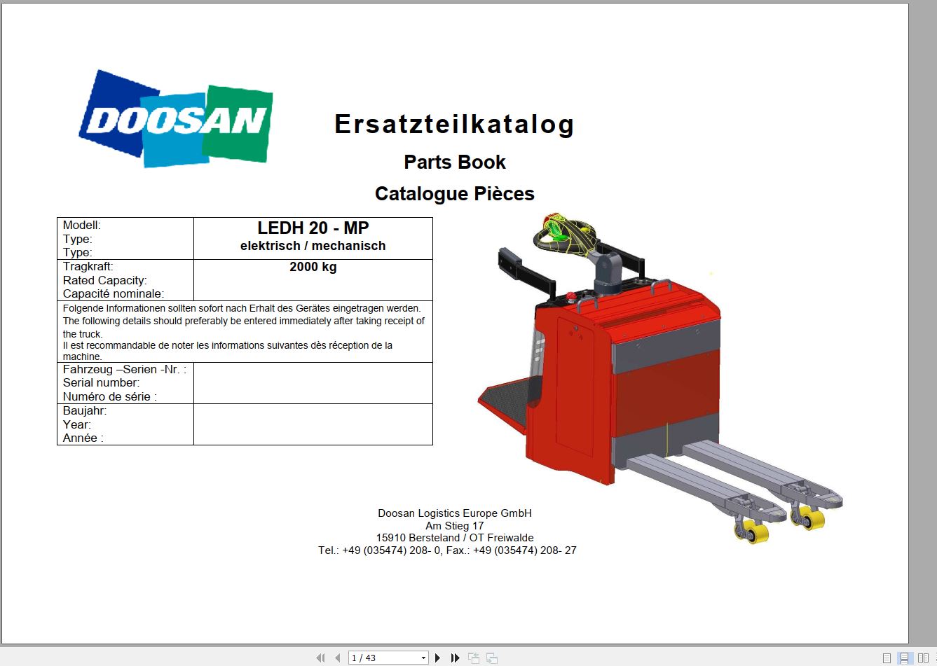 Doosan Electric Pallet Truck LEDH 20 MP Part Book 03.2014 EN DE 1