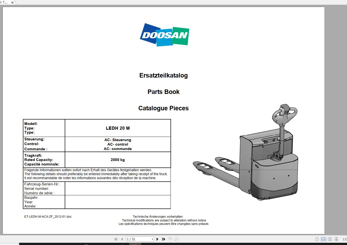 Doosan Electric Pallet Truck LEDH 20M ACX ZF Part Book 01.2012 EN DE 1