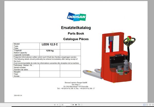 Doosan Electric Pallet Truck LEDS 12 5C Part Book 03.2014 EN DE 1