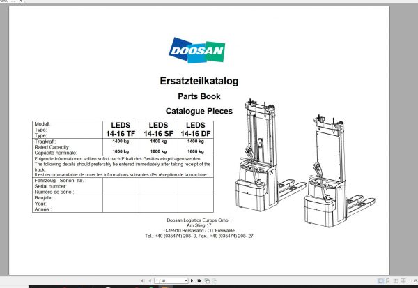 Doosan Electric Pallet Truck LEDS 14 16 Part Book 01.2013 EN DE 1