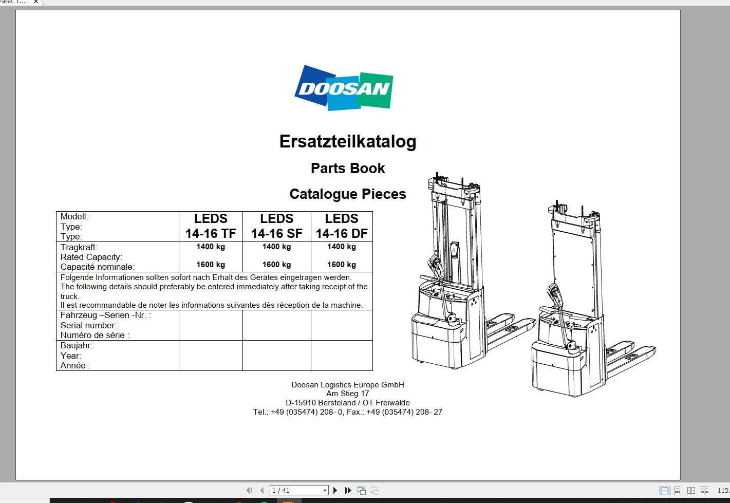 Doosan Electric Pallet Truck LEDS 14 16 Part Book 01.2013 EN DE 1