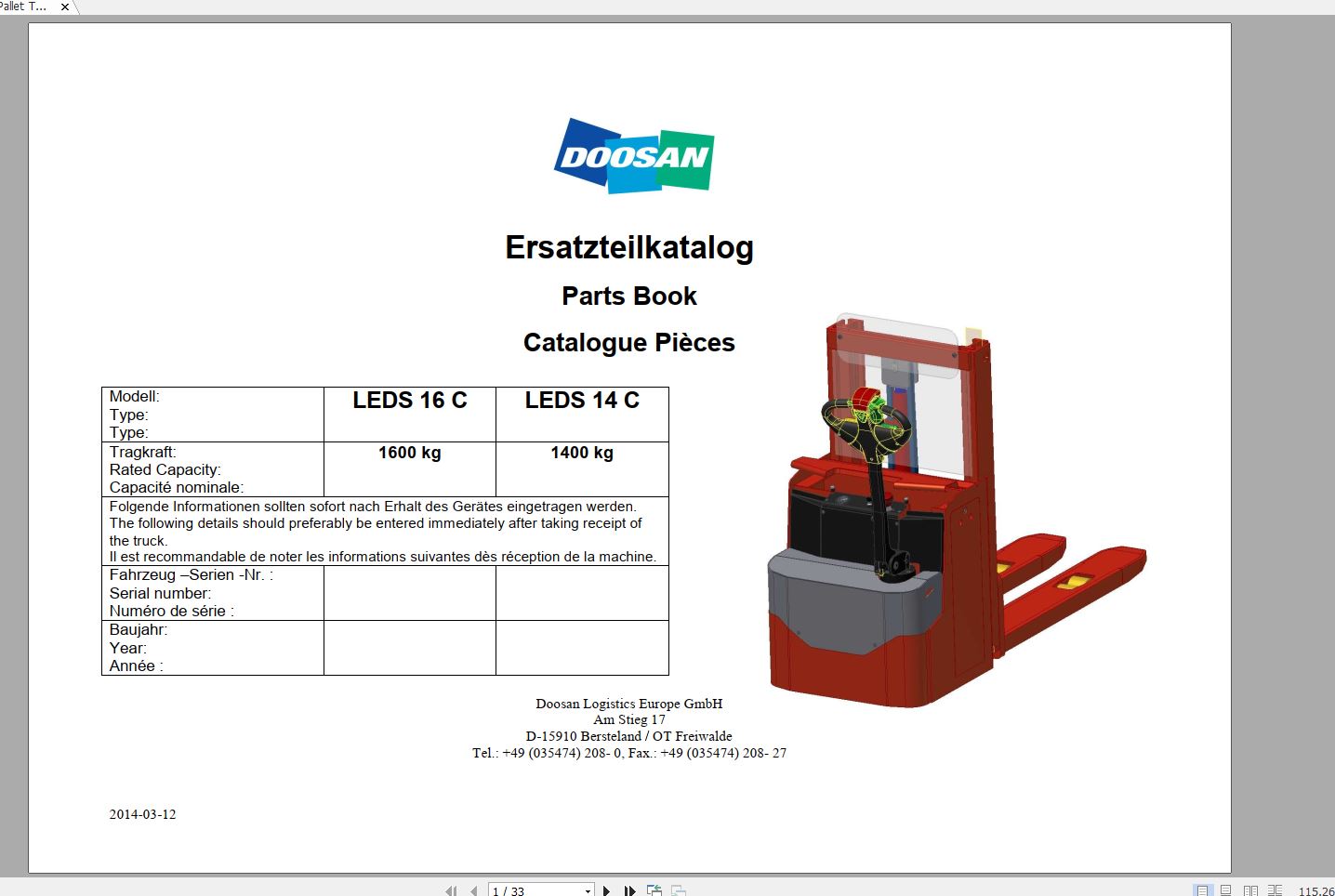 Doosan Electric Pallet Truck LEDS 16 14 C Part Book 03.2014 EN DE 1
