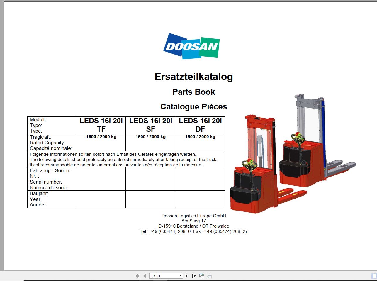 Doosan Electric Pallet Truck LEDS 16 20 i Part Book 06.2014 EN DE 1