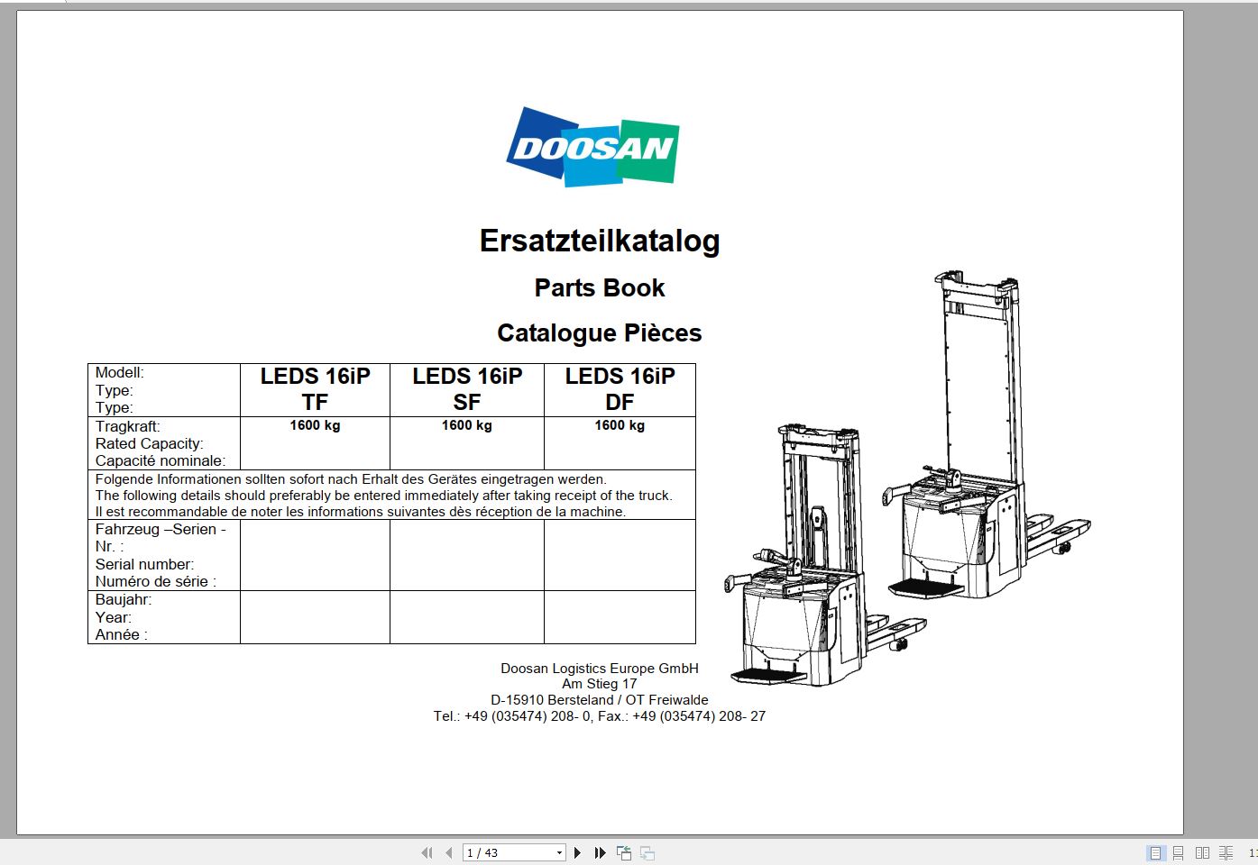 Doosan Electric Pallet Truck LEDS 16 iP Part Book 01.2014 EN DE 1