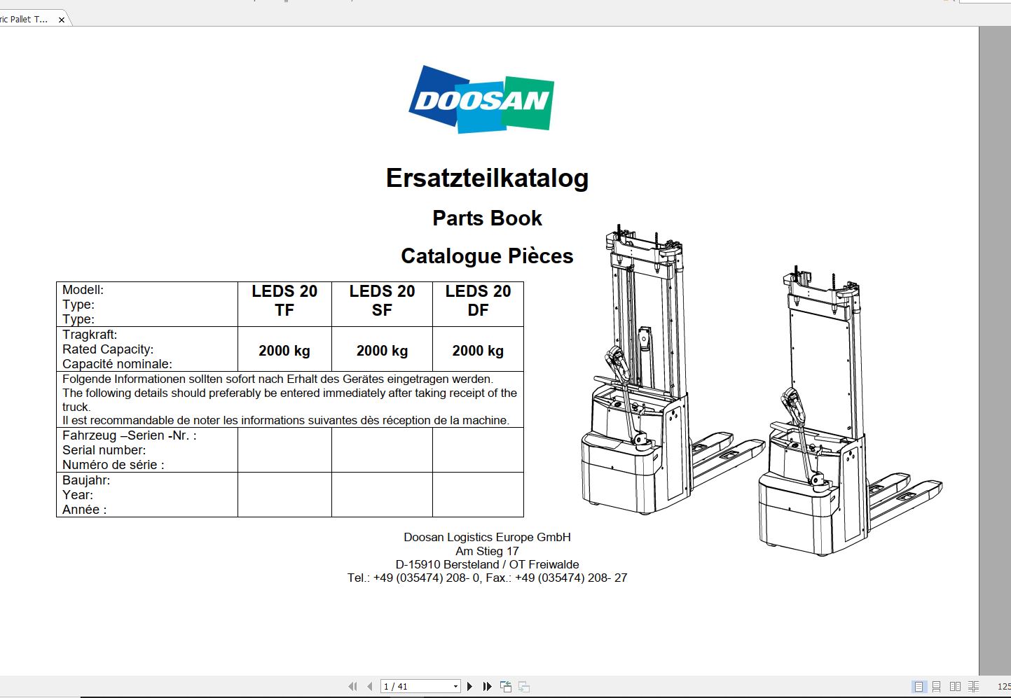 Doosan Electric Pallet Truck LEDS 20 Part Book 03.2014 EN DE 1