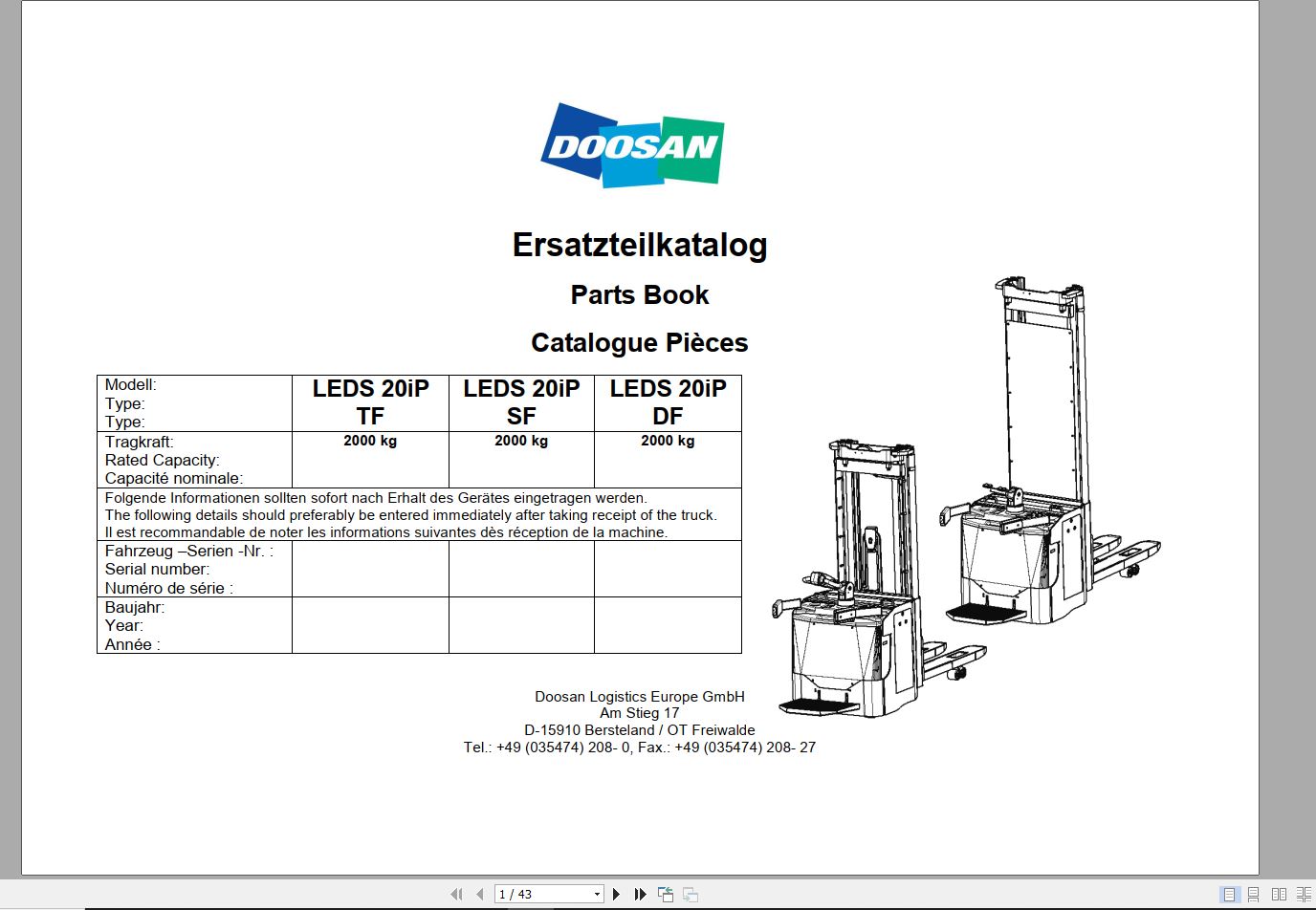 Doosan Electric Pallet Truck LEDS 20 iP Part Book 01.2014 EN DE 1
