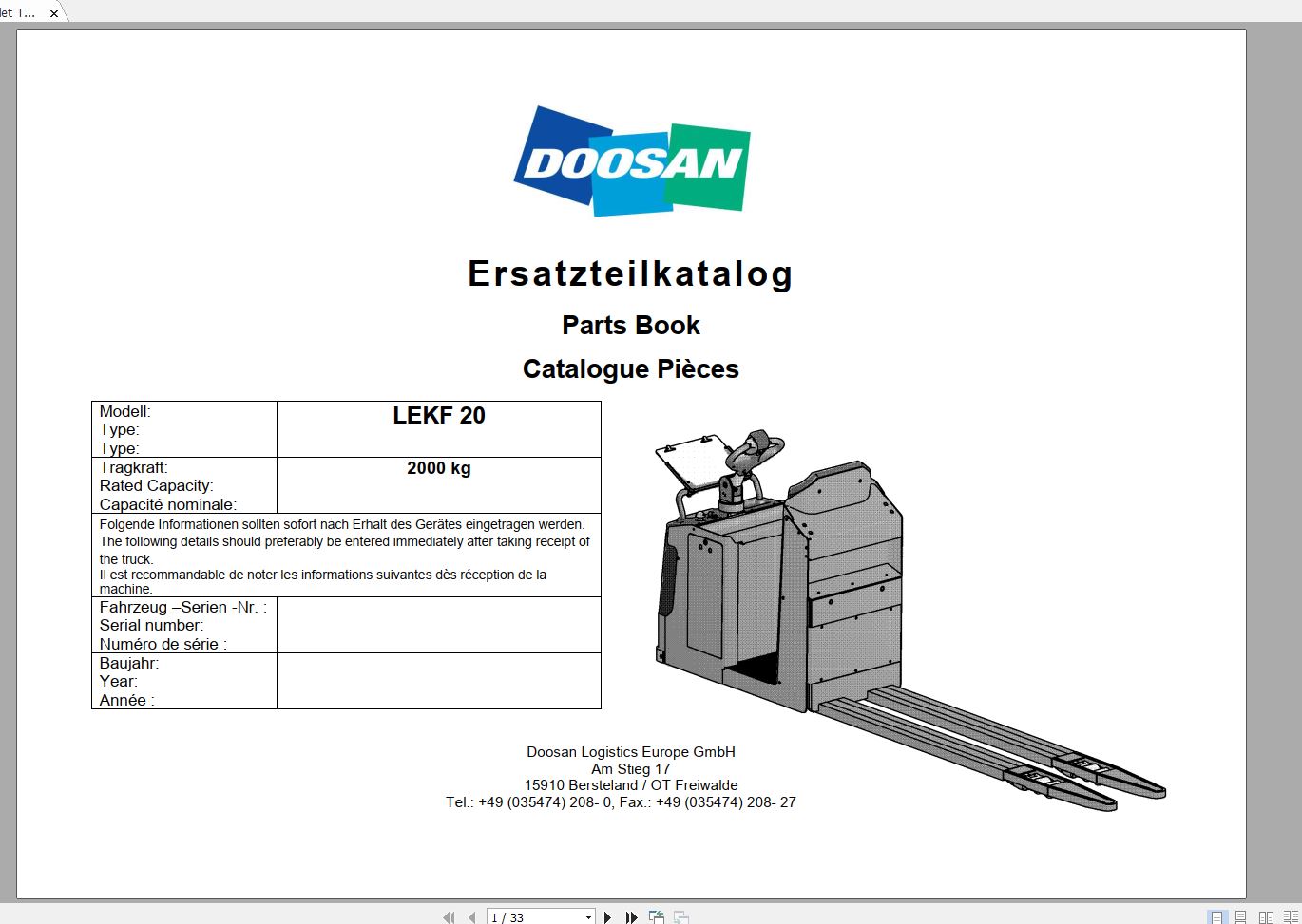 Doosan Electric Pallet Truck LEKF 20 Part Book 07.2014 EN DE 1