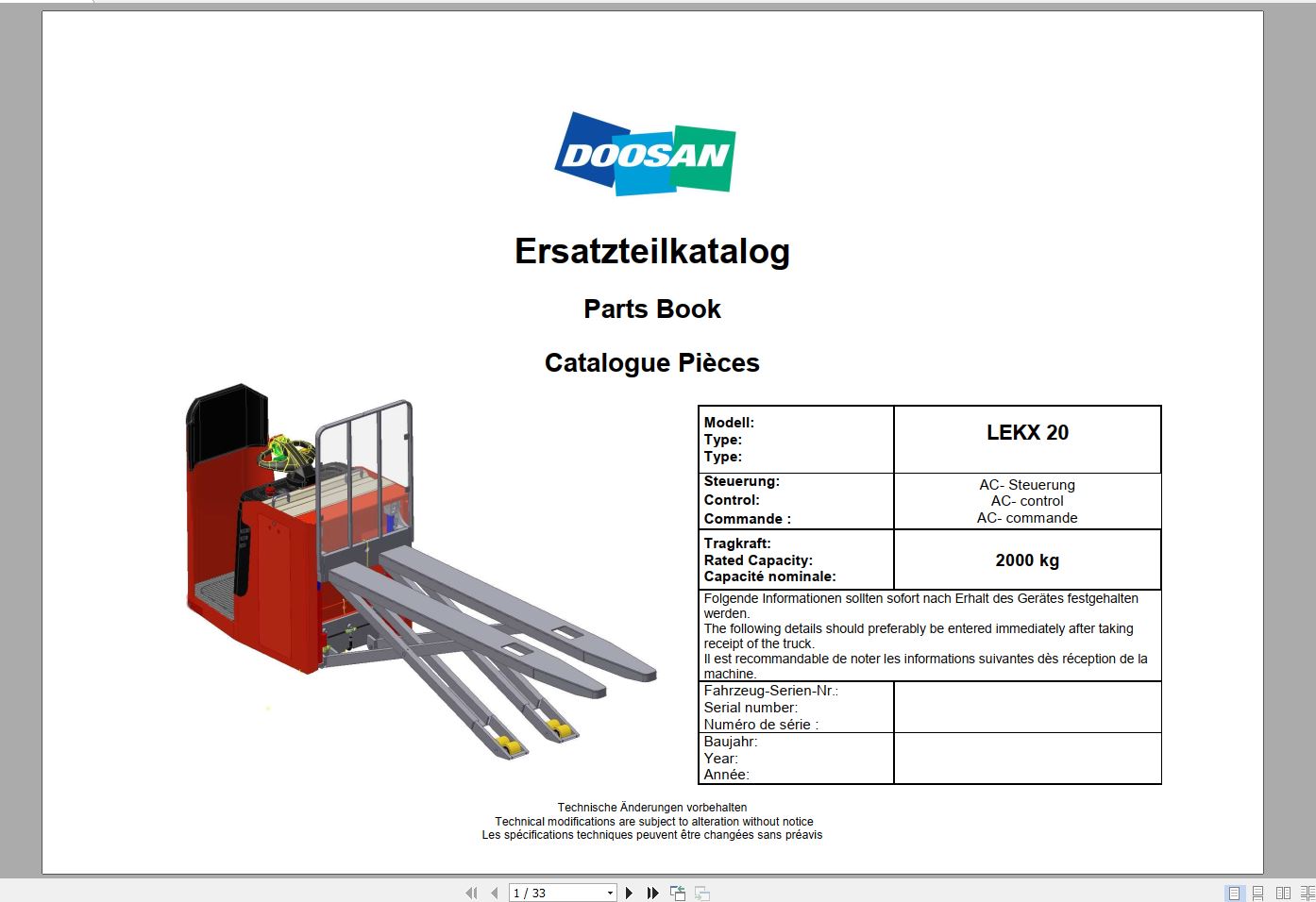Doosan Electric Pallet Truck LEKX 20 Part Book 01.2014 EN DE 1