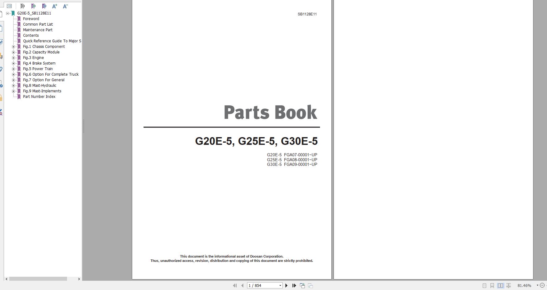 Doosan LPG Forklift G20E 5 G25E 5 G30E 5 Part Book SB1128E11 1
