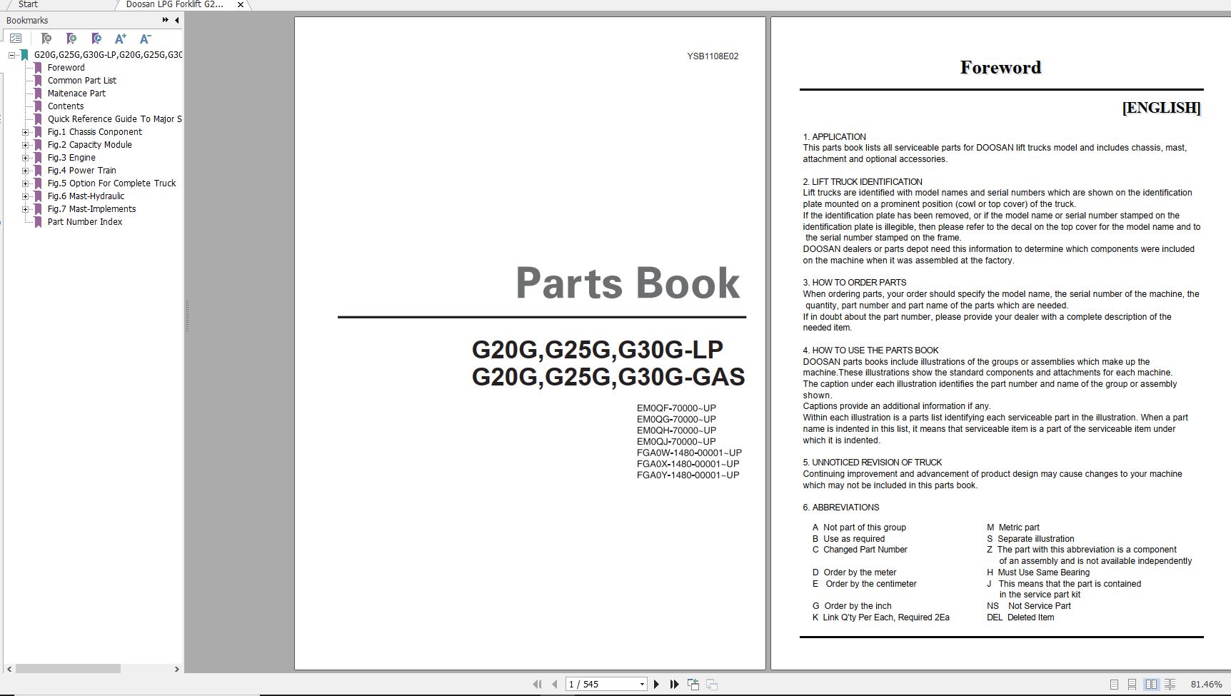 Doosan LPG Forklift G20G G25G G30G LP GAS Part Book YSB1108E 1