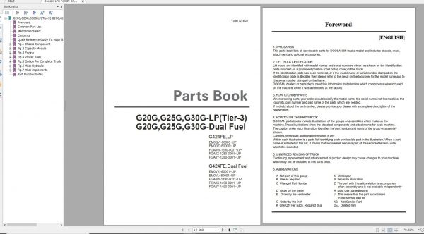 Doosan LPG Forklift G20G G25G G30G LP GAS Part Book YSB1121E 1