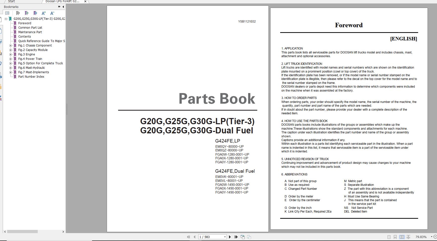 Doosan LPG Forklift G20G G25G G30G LP GAS Part Book YSB1121E 1