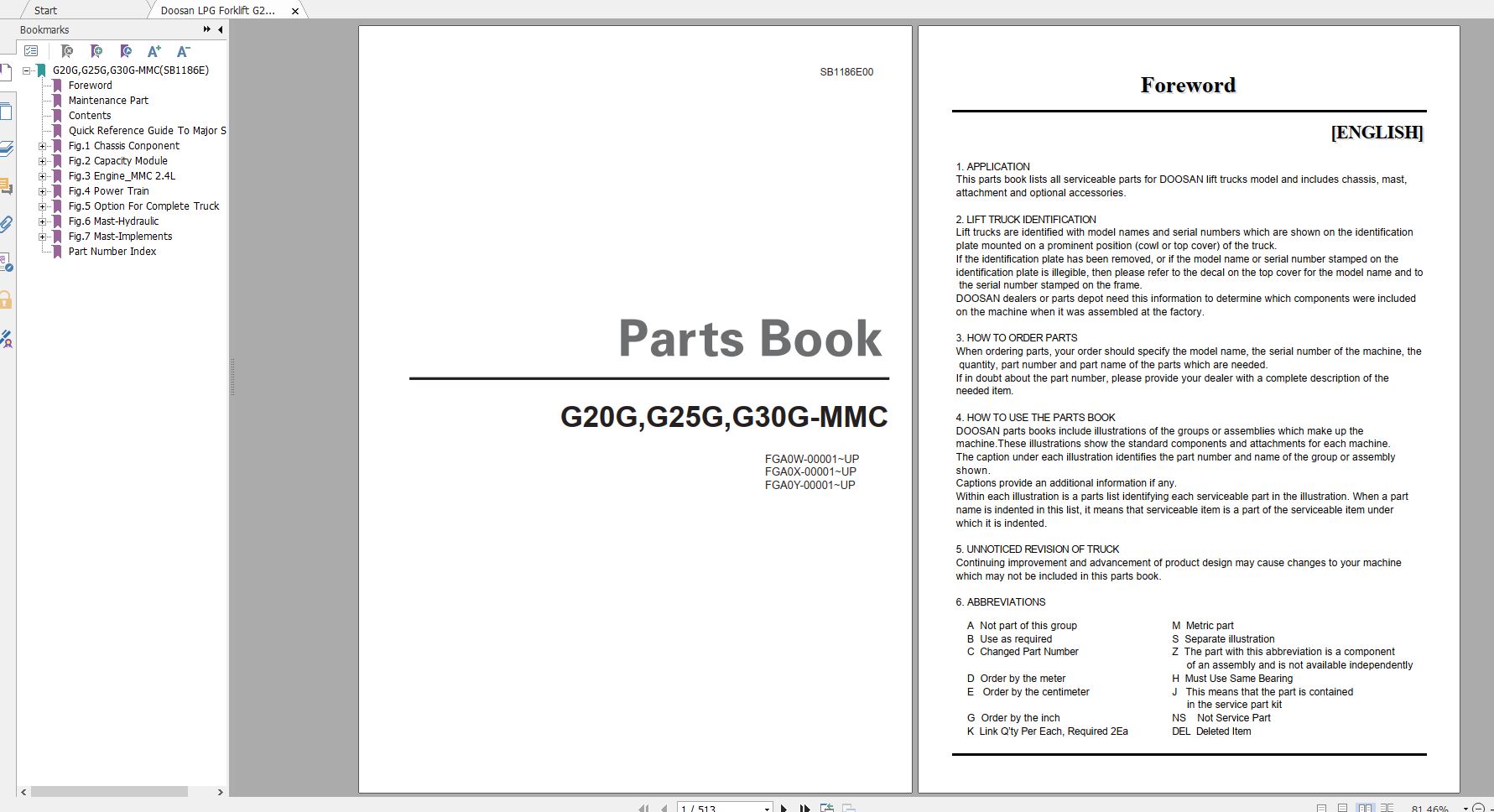 Doosan LPG Forklift G20G G25G G30G MMC Part Book SB1186E 1