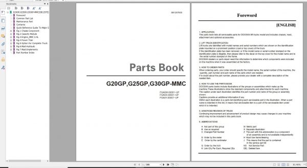 Doosan LPG Forklift G20GP G25GP G30GP MMC Part Book SB1257E00 1