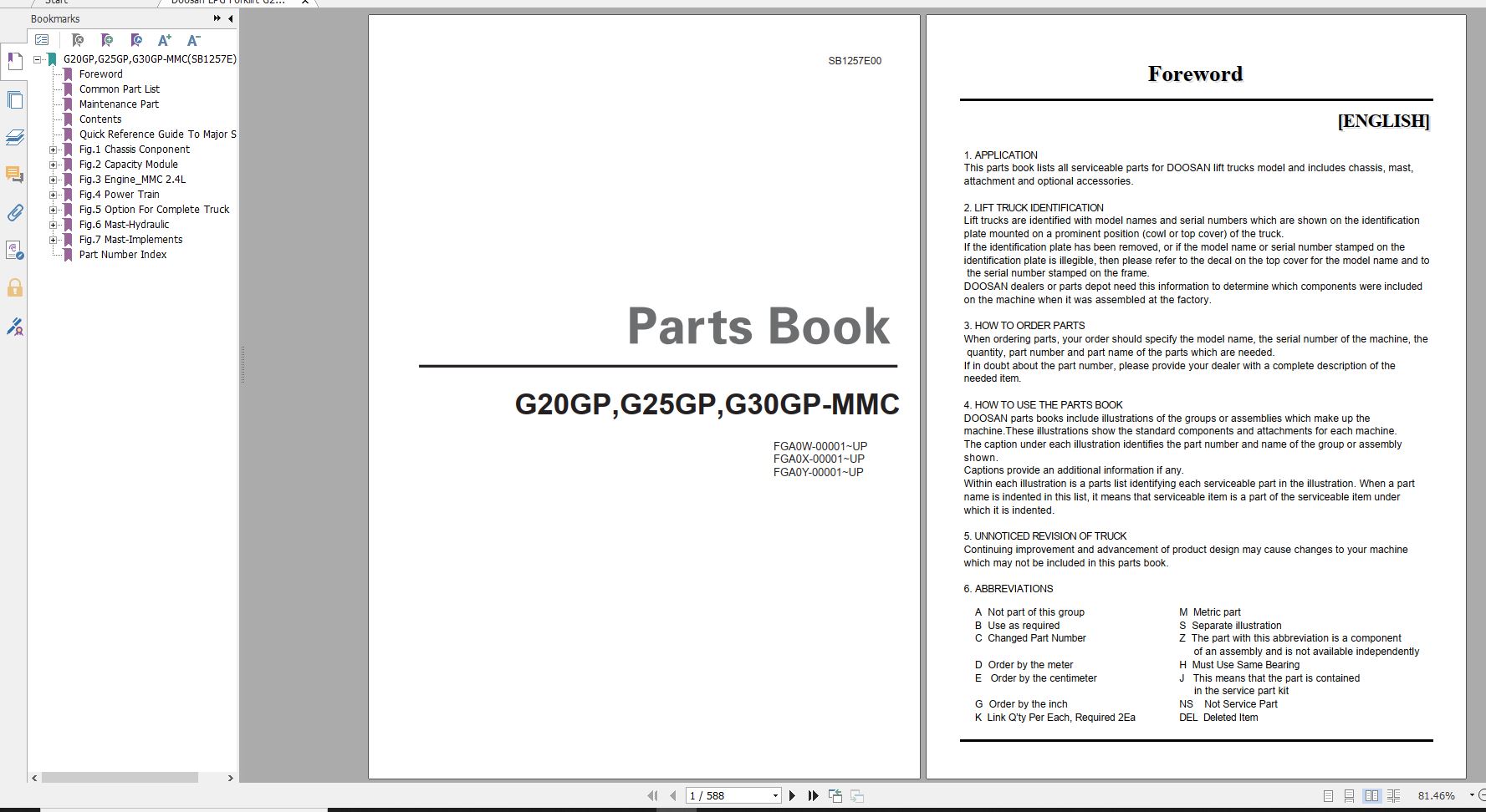 Doosan LPG Forklift G20GP G25GP G30GP MMC Part Book SB1257E00 1