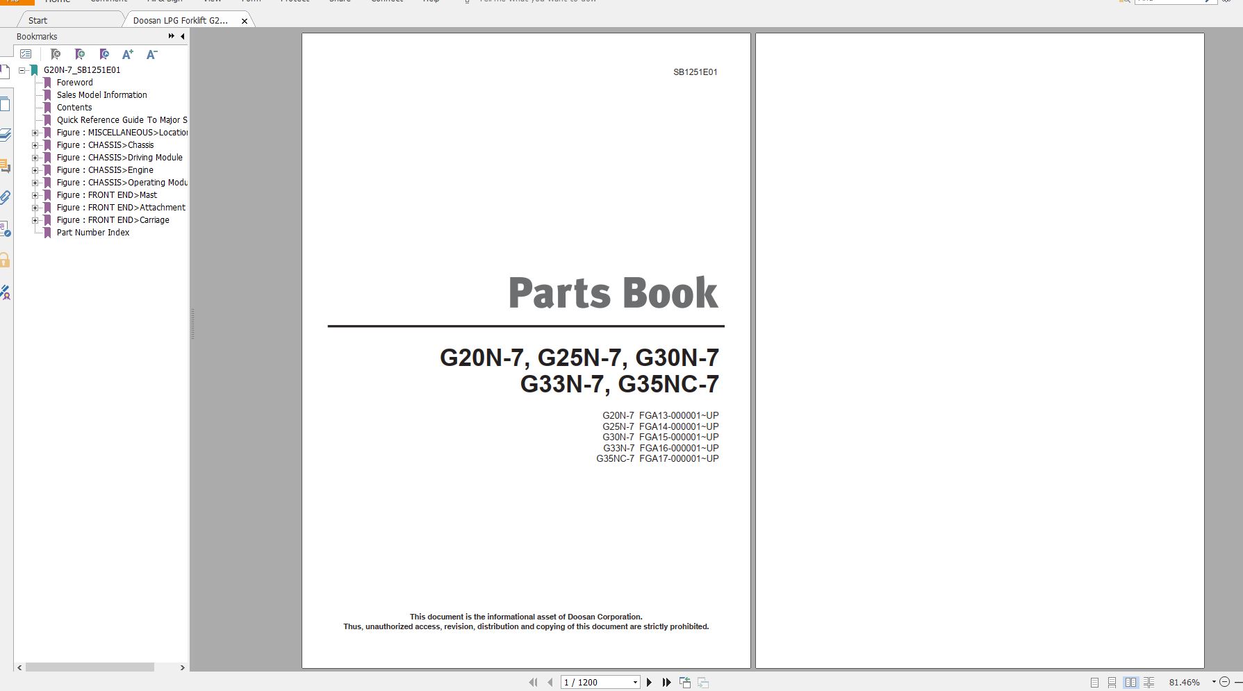 Doosan LPG Forklift G20N 7 G25N 7 G30N 7 G33N 7 G35NC 7 Part Book SB1251E01 1