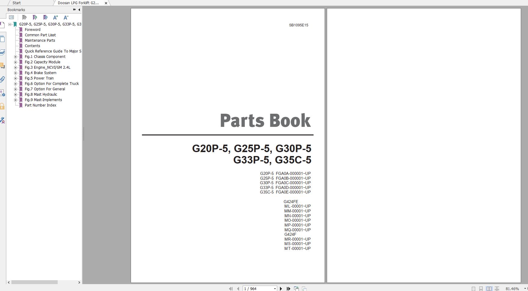 Doosan LPG Forklift G20P 5 G25P 5 G30P 5 G33P 5 G35C 5 Part Book SB1095E15 1