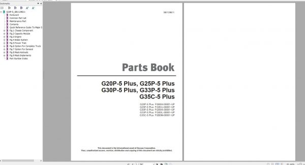Doosan LPG Forklift G20P 5 Plus G25P 5 Plus G30P 5 Plus G33P 5 Plus G35C 5 Plus Part Book SB1129E11 1