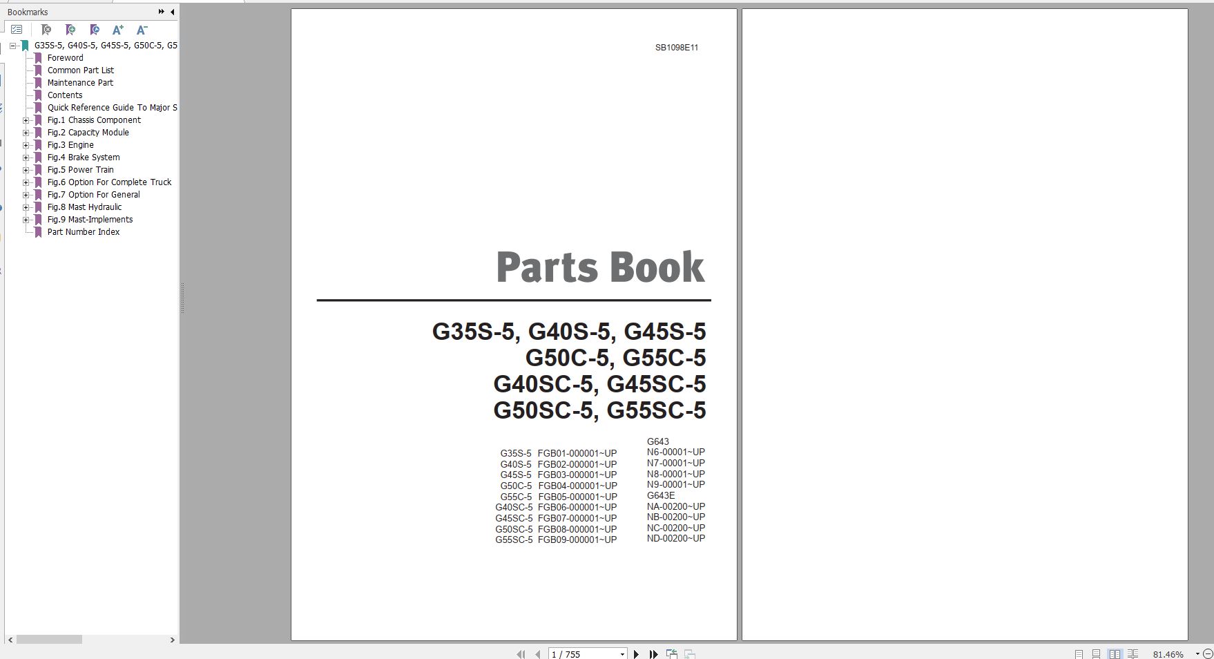 Doosan LPG Forklift G35S 5 G55SC 5 Part Book SB1098E11 1