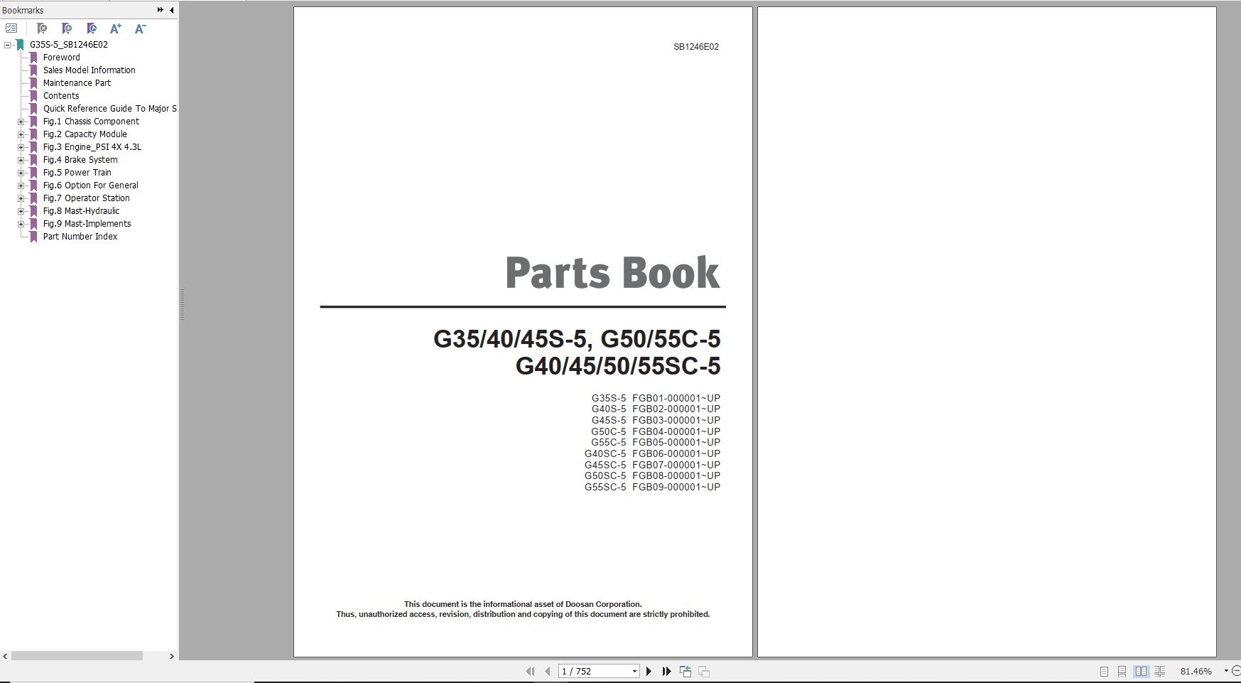 Doosan LPG Forklift G35S 5 G55SC 5 Part Book SB1246E02 1